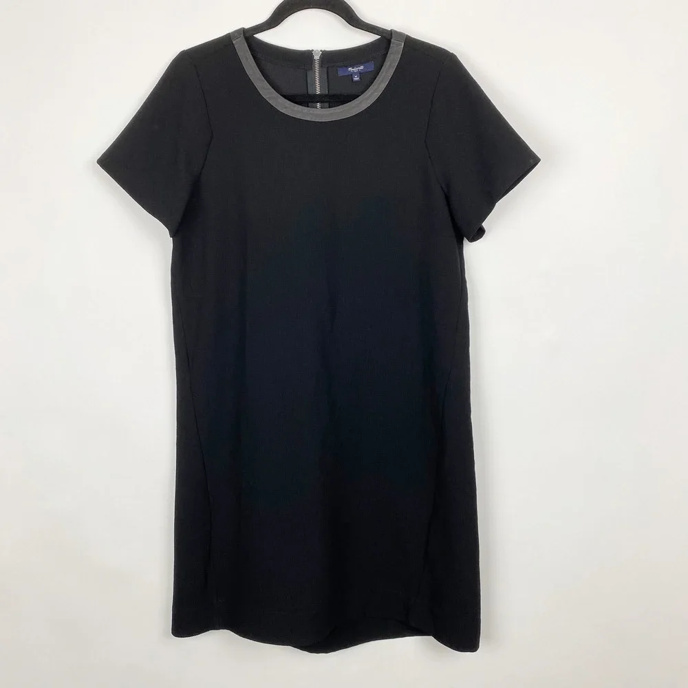 Madewell Leather Trim Crepe Inverted Pleat‎ Shift Dress Womens M Black